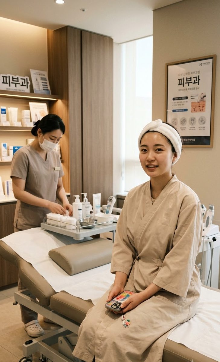 한국 피부과 관리실에서 순서를 기다리는 외국인 고객